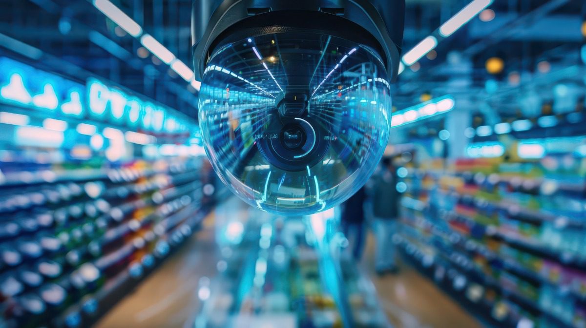A dome camera watching a store aisle